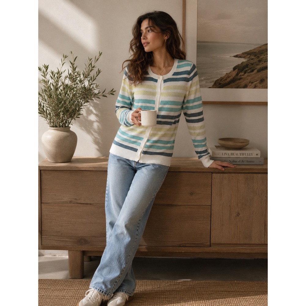 Pendleton Striped Cotton Cardigan Sweater Sz S Blue Green White Button Front